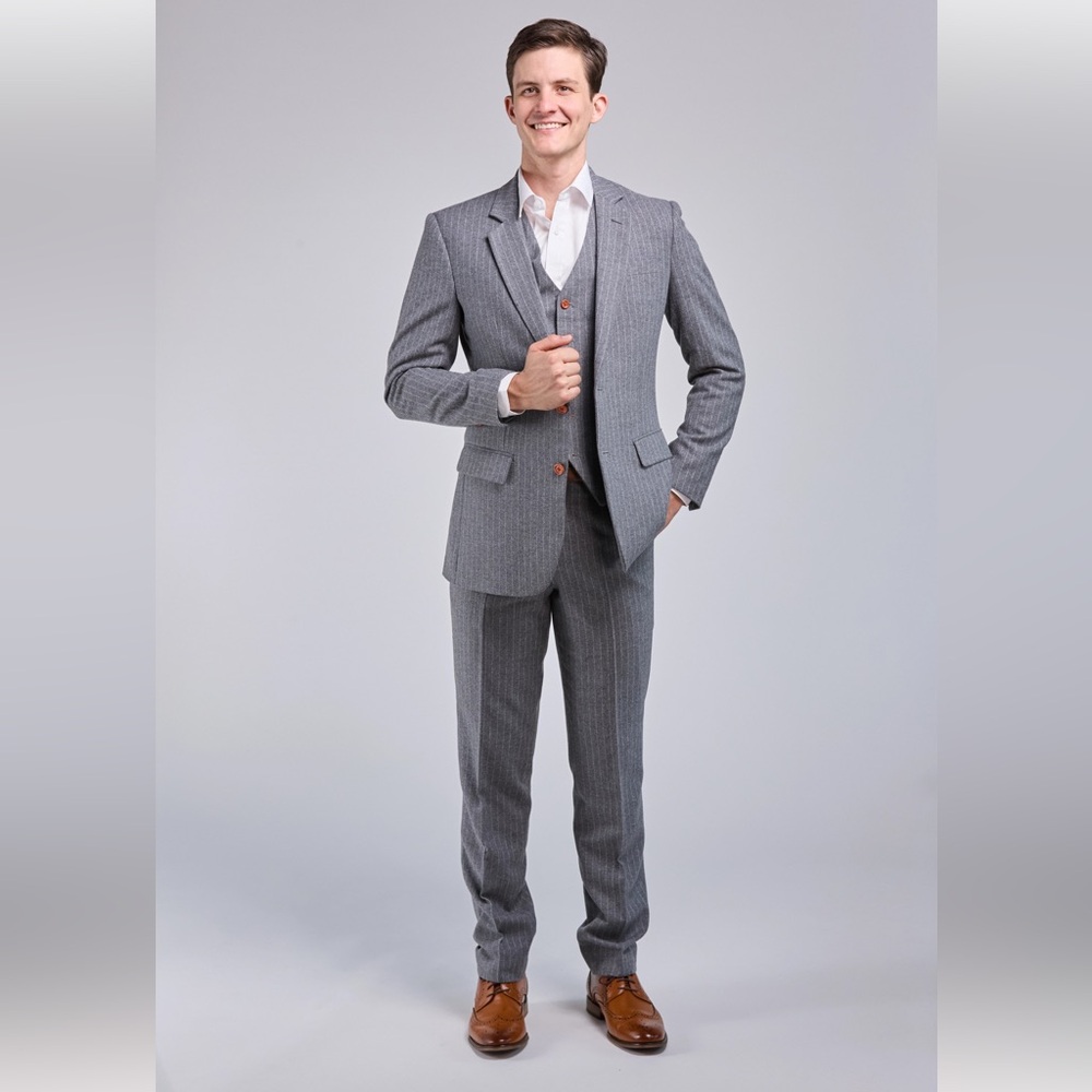 Mens Two Button Tweed Wool Stripe 3 Pieces‎ Suit Set Wedding Formal Business